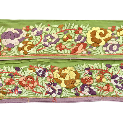 Indian Antique Vintage Real Parsi Gara Border Green Hand Embroidered Craft Trim Lace Sewing Saree Ribbon Recycled 1yard Pure Crepe Silk