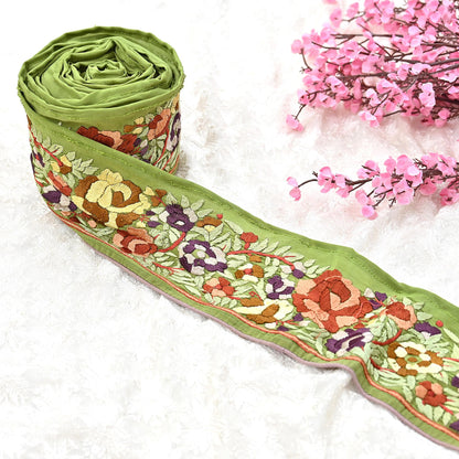 Indian Antique Vintage Real Parsi Gara Border Green Hand Embroidered Craft Trim Lace Sewing Saree Ribbon Recycled 1yard Pure Crepe Silk