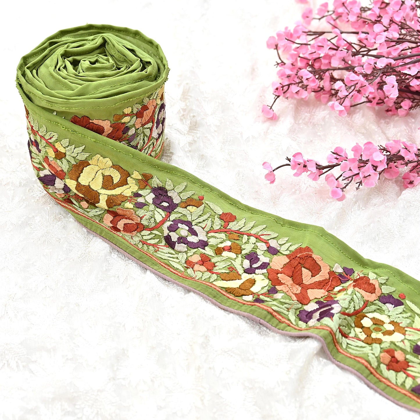 Indian Antique Vintage Real Parsi Gara Border Green Hand Embroidered Craft Trim Lace Sewing Saree Ribbon Recycled 1yard Pure Crepe Silk