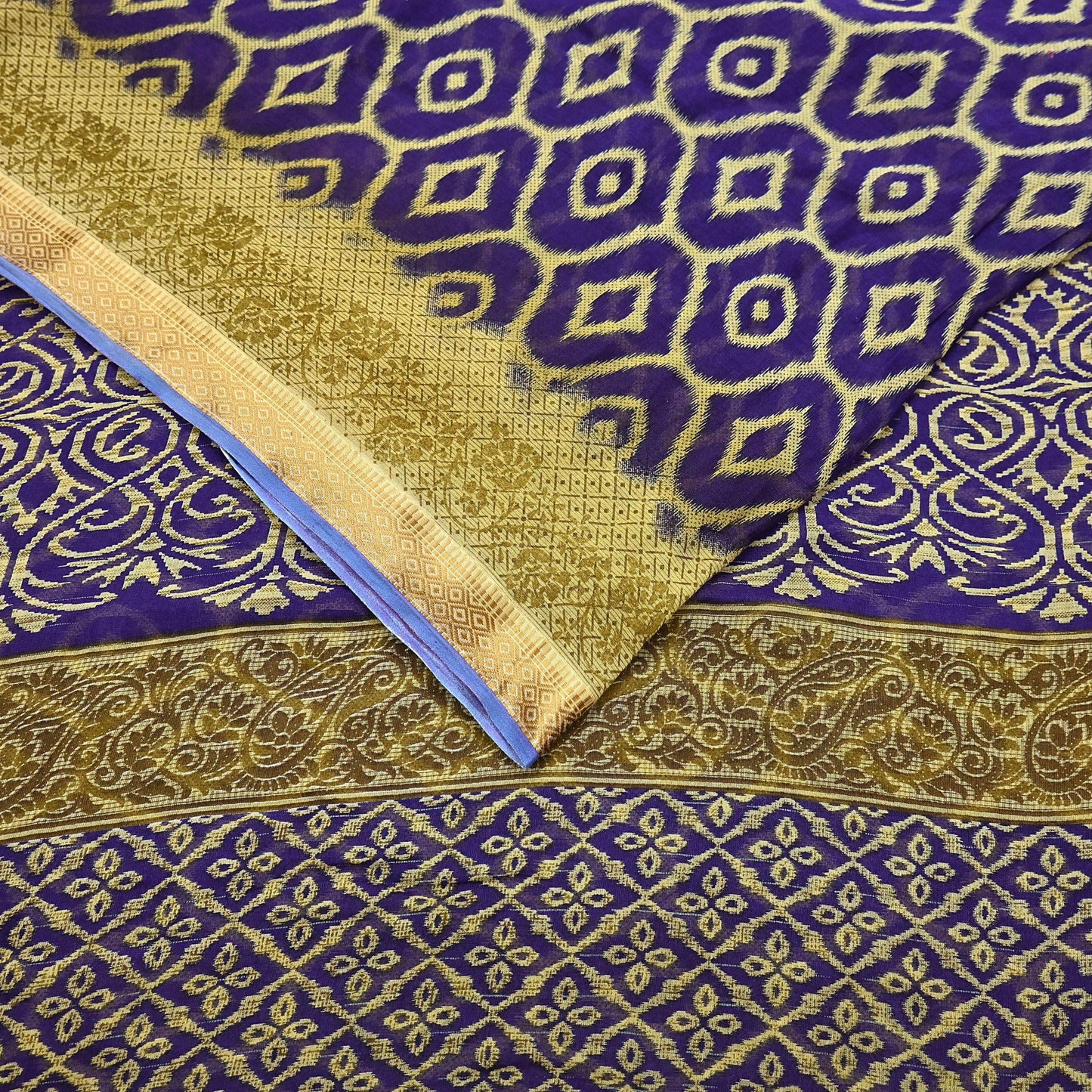 Indian Vintage Sari Blue & Beige Printed Pure Cotton Sarees Craft Fabric 5Yd Soft Sewing Sarong Wrap Boho Floral Quilting Dress making