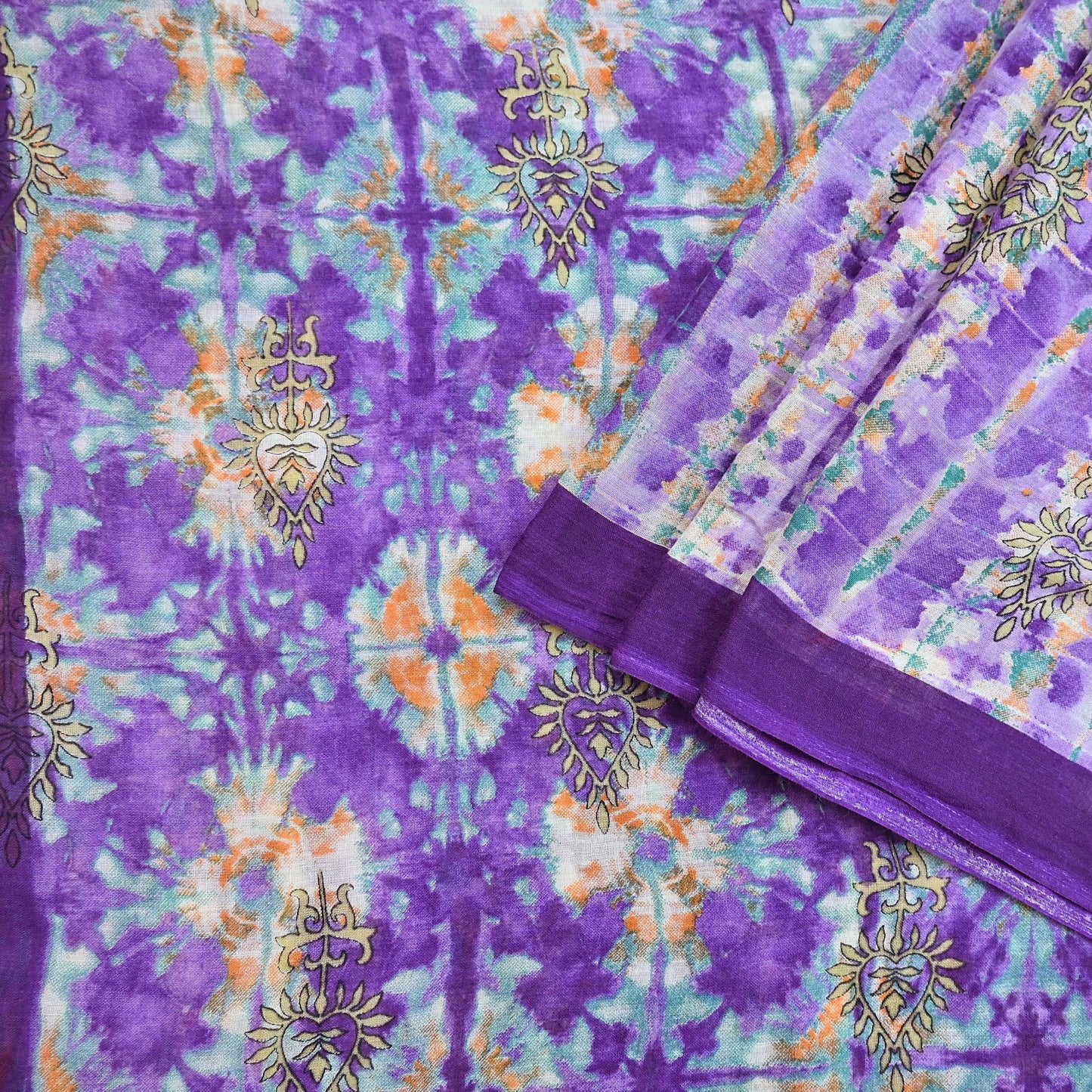Indian Vintage Sari Purple & Green Pure Cotton Printed Saree 5Yd Craft Fabric Sewing Sarong Wrap Boho Floral Quilting crafting dressmaking