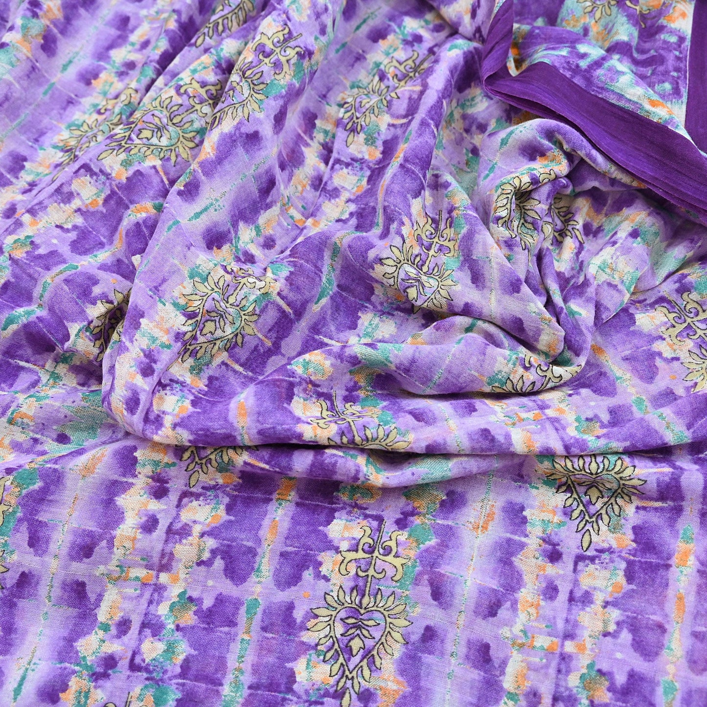Indian Vintage Sari Purple & Green Pure Cotton Printed Saree 5Yd Craft Fabric Sewing Sarong Wrap Boho Floral Quilting crafting dressmaking