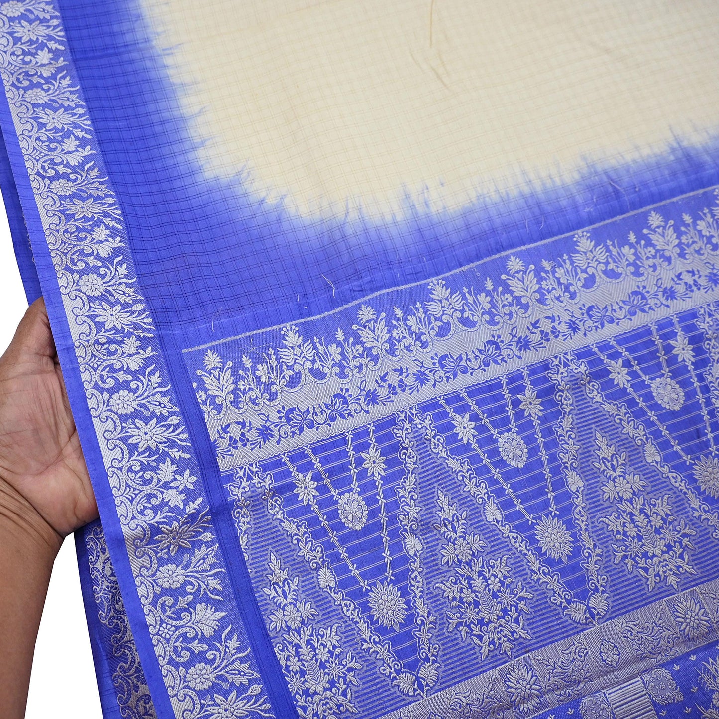 Indian Vintage Ivory & Blue Saree 100% Pure Silk Woven Printed Sari 5yd Craft Fabric Sewing Soft Dress Designing for Crafting Quilting
