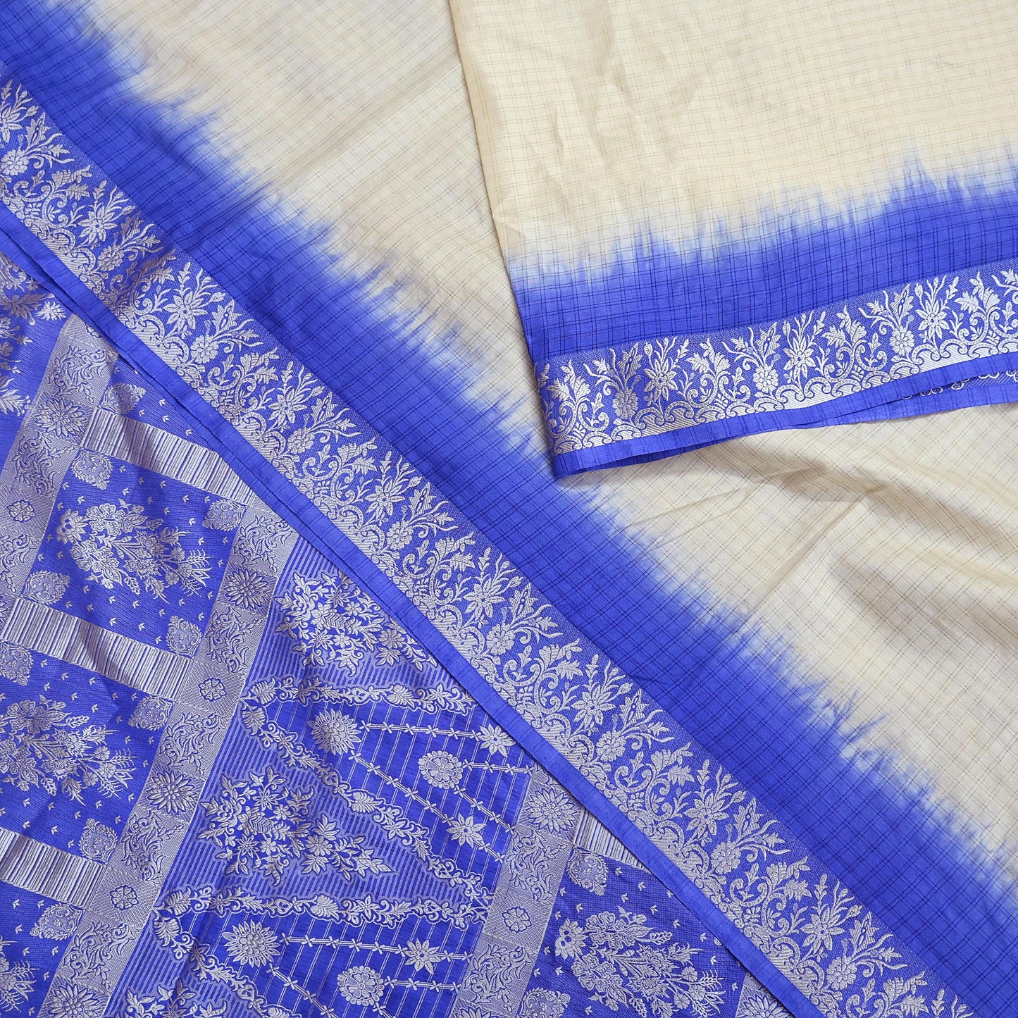 Indian Vintage Ivory & Blue Saree 100% Pure Silk Woven Printed Sari 5yd Craft Fabric Sewing Soft Dress Designing for Crafting Quilting