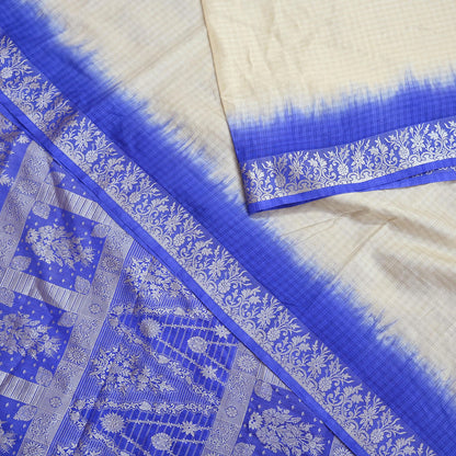Indian Vintage Ivory & Blue Saree 100% Pure Silk Woven Printed Sari 5yd Craft Fabric Sewing Soft Dress Designing for Crafting Quilting