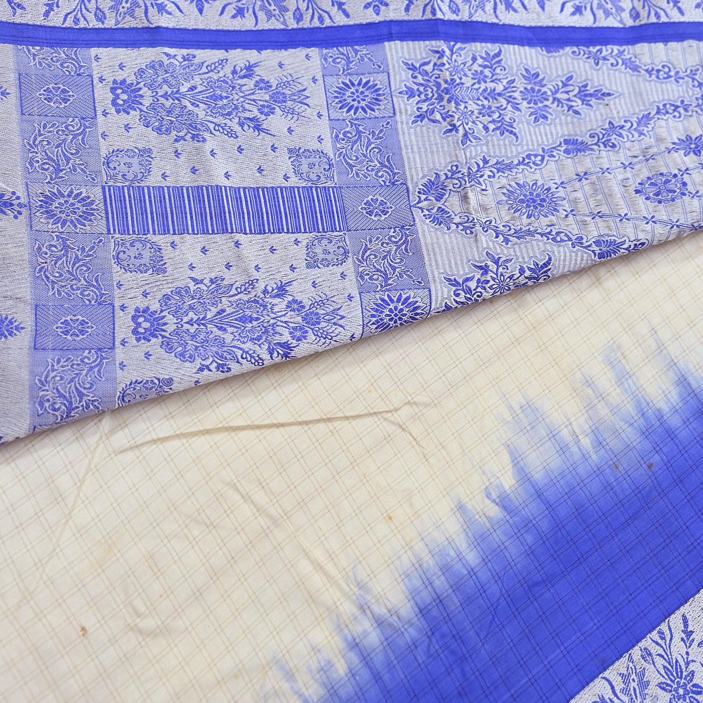 Indian Vintage Ivory & Blue Saree 100% Pure Silk Woven Printed Sari 5yd Craft Fabric Sewing Soft Dress Designing for Crafting Quilting