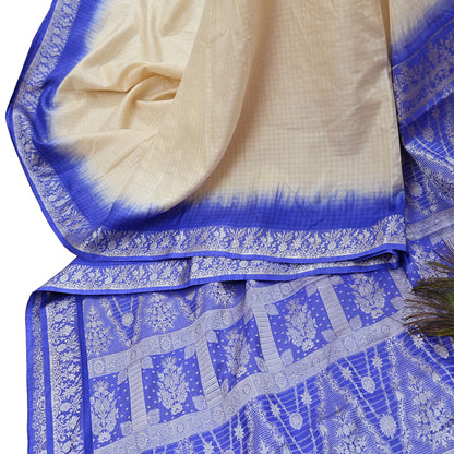 Indian Vintage Ivory & Blue Saree 100% Pure Silk Woven Printed Sari 5yd Craft Fabric Sewing Soft Dress Designing for Crafting Quilting