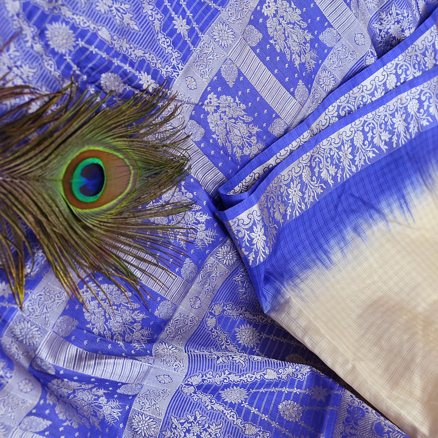 Indian Vintage Ivory & Blue Saree 100% Pure Silk Woven Printed Sari 5yd Craft Fabric Sewing Soft Dress Designing for Crafting Quilting