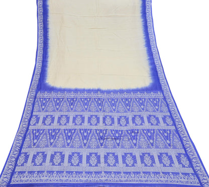 Indian Vintage Ivory & Blue Saree 100% Pure Silk Woven Printed Sari 5yd Craft Fabric Sewing Soft Dress Designing for Crafting Quilting