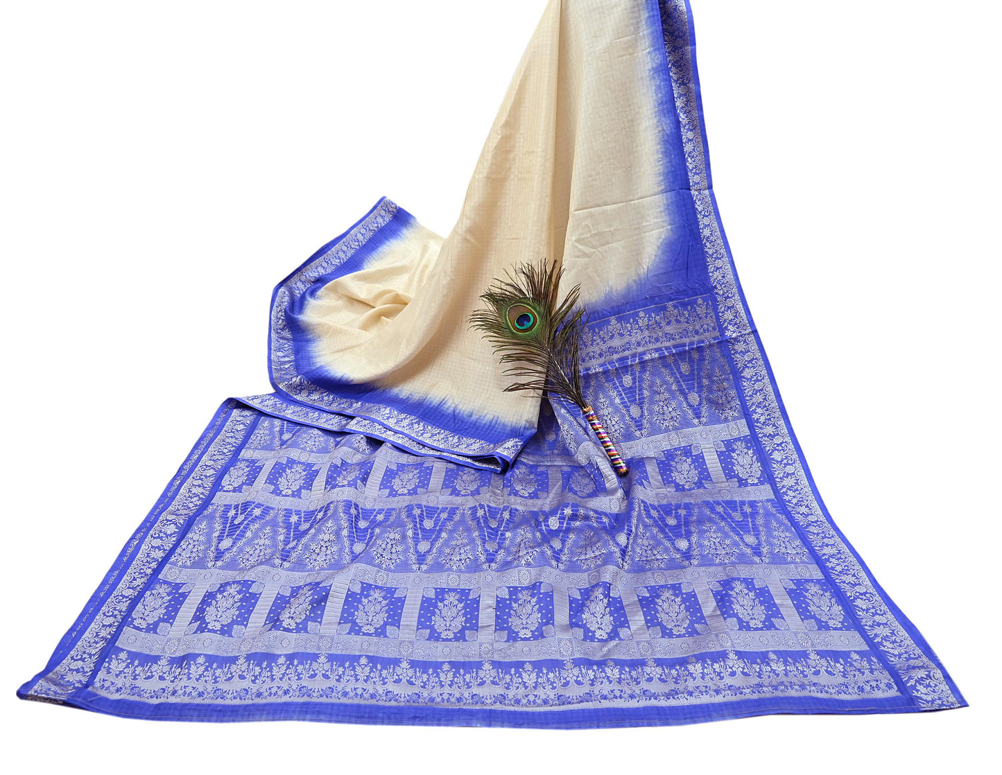 Indian Vintage Ivory & Blue Saree 100% Pure Silk Woven Printed Sari 5yd Craft Fabric Sewing Soft Dress Designing for Crafting Quilting