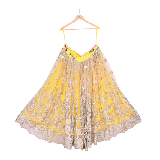 Indian Heavy Wedding Yellow Net/Mesh Hand Embroidered Lehenga/Skirt Designer By Manish Malhotra Bridal Wear Zari