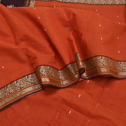 Indian Vintage Sari Orange & Brown Pure Cotton Hand Woven Saree Craft Fabric 5yd Sewing Ethnic Soft Dress making Crafting Quilting