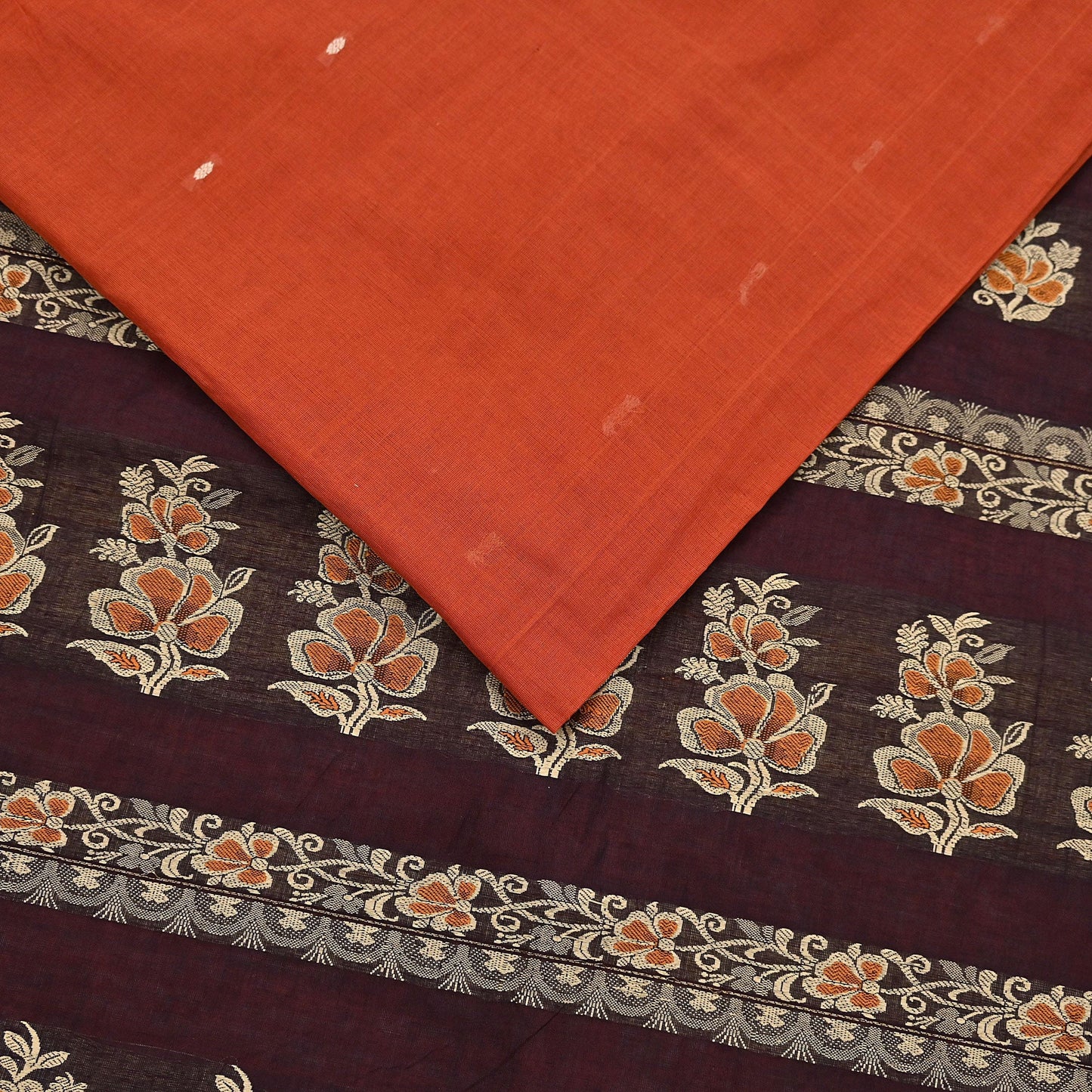Indian Vintage Sari Orange & Brown Pure Cotton Hand Woven Saree Craft Fabric 5yd Sewing Ethnic Soft Dress making Crafting Quilting