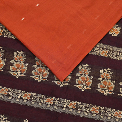 Indian Vintage Sari Orange & Brown Pure Cotton Hand Woven Saree Craft Fabric 5yd Sewing Ethnic Soft Dress making Crafting Quilting