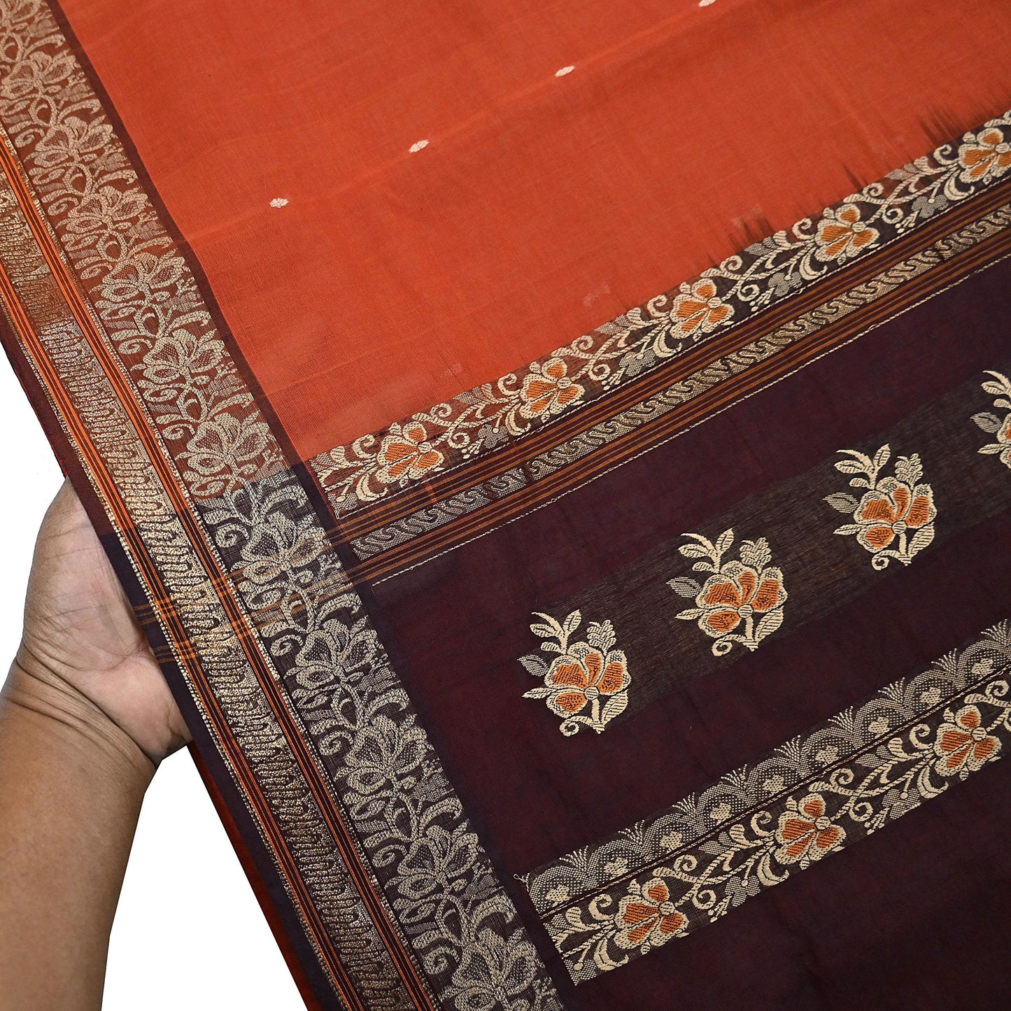 Indian Vintage Sari Orange & Brown Pure Cotton Hand Woven Saree Craft Fabric 5yd Sewing Ethnic Soft Dress making Crafting Quilting