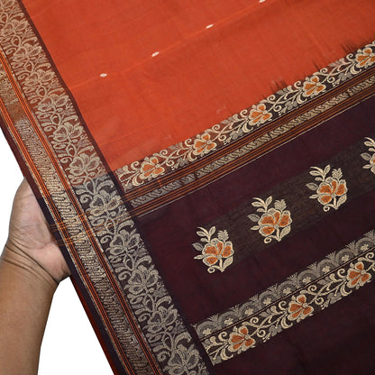 Indian Vintage Sari Orange & Brown Pure Cotton Hand Woven Saree Craft Fabric 5yd Sewing Ethnic Soft Dress making Crafting Quilting
