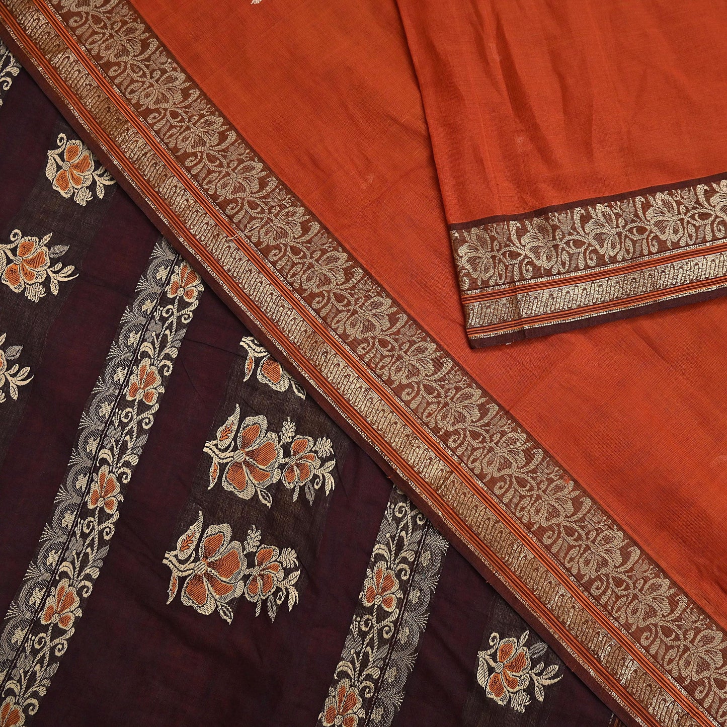 Indian Vintage Sari Orange & Brown Pure Cotton Hand Woven Saree Craft Fabric 5yd Sewing Ethnic Soft Dress making Crafting Quilting