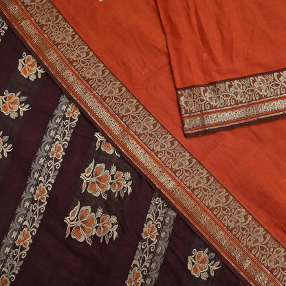 Indian Vintage Sari Orange & Brown Pure Cotton Hand Woven Saree Craft Fabric 5yd Sewing Ethnic Soft Dress making Crafting Quilting