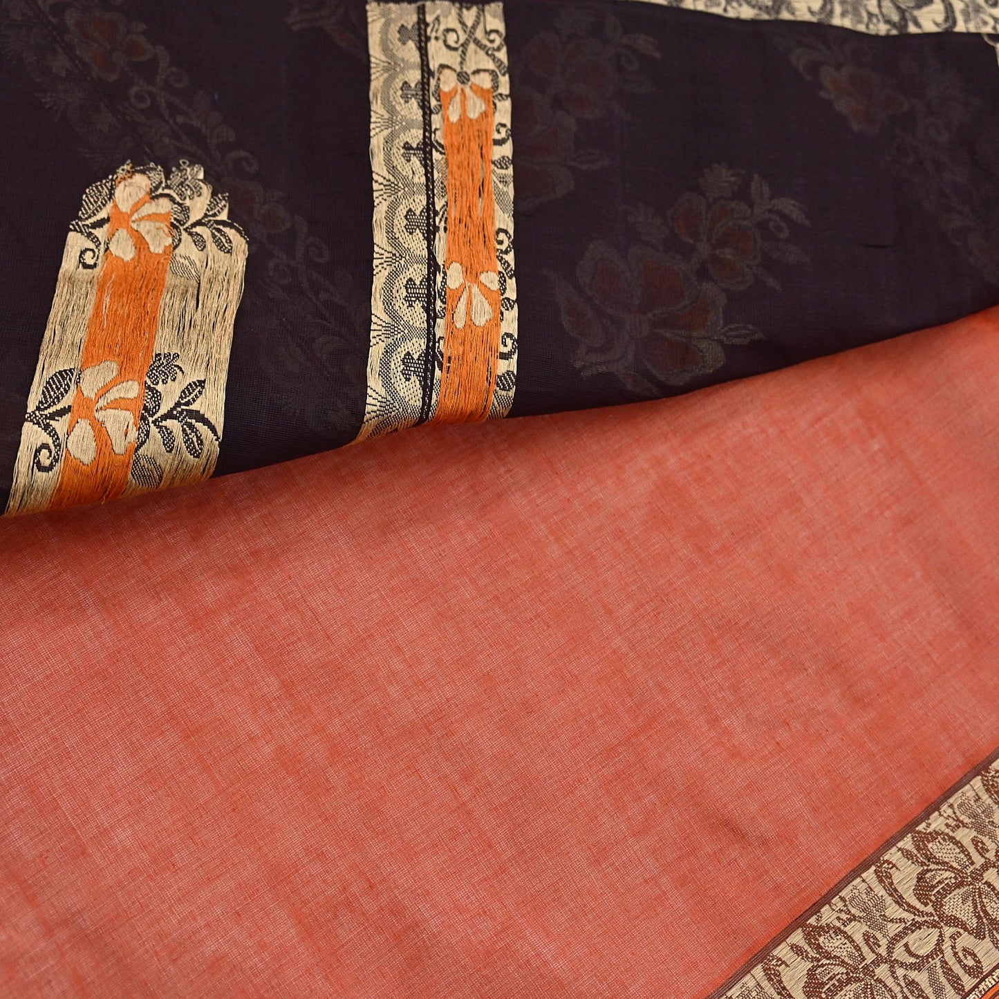 Indian Vintage Sari Orange & Brown Pure Cotton Hand Woven Saree Craft Fabric 5yd Sewing Ethnic Soft Dress making Crafting Quilting