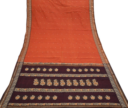 Indian Vintage Sari Orange & Brown Pure Cotton Hand Woven Saree Craft Fabric 5yd Sewing Ethnic Soft Dress making Crafting Quilting