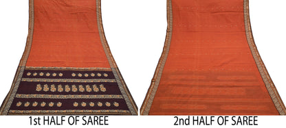 Indian Vintage Sari Orange & Brown Pure Cotton Hand Woven Saree Craft Fabric 5yd Sewing Ethnic Soft Dress making Crafting Quilting
