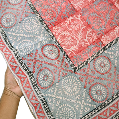 Indian Vintage Sari Ivory & Red Pure Crepe Silk Printed Saree 5yard Sewing Soft Craft Fabric Wrap