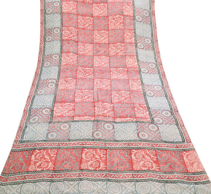 Indian Vintage Sari Ivory & Red Pure Crepe Silk Printed Saree 5yard Sewing Soft Craft Fabric Wrap