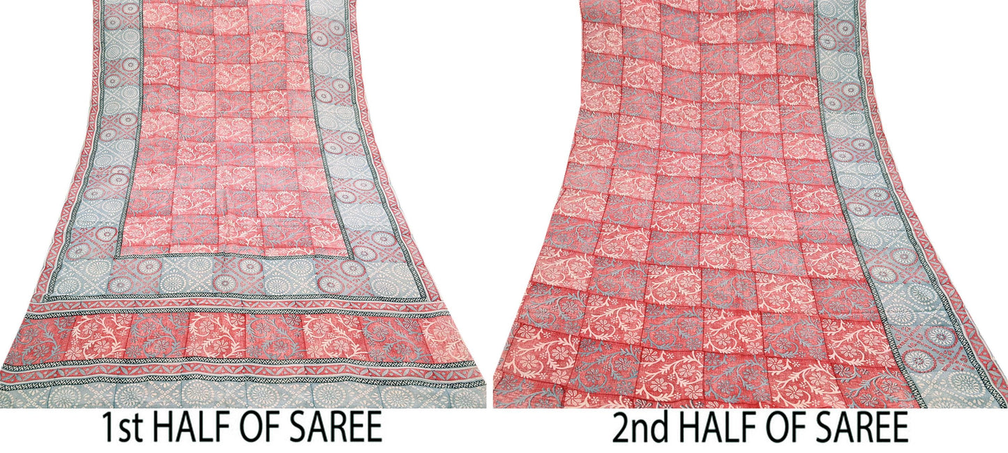 Indian Vintage Sari Ivory & Red Pure Crepe Silk Printed Saree 5yard Sewing Soft Craft Fabric Wrap