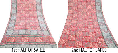 Indian Vintage Sari Ivory & Red Pure Crepe Silk Printed Saree 5yard Sewing Soft Craft Fabric Wrap