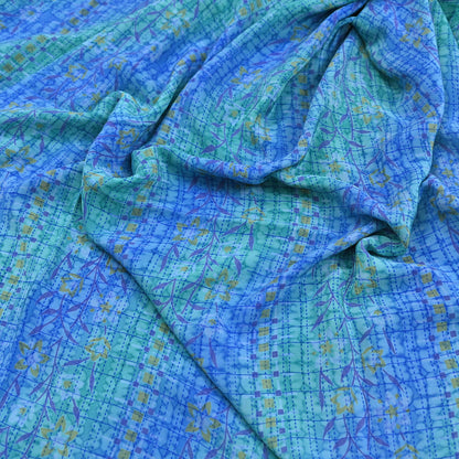 Indian Vintage Sari Green & Blue Pure Crepe Silk Printed Sarees 5yd Sewing Soft Craft Fabric Wrap Dress Making Crafting Quilting Upcycle