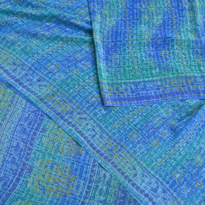 Indian Vintage Sari Green & Blue Pure Crepe Silk Printed Sarees 5yd Sewing Soft Craft Fabric Wrap Dress Making Crafting Quilting Upcycle