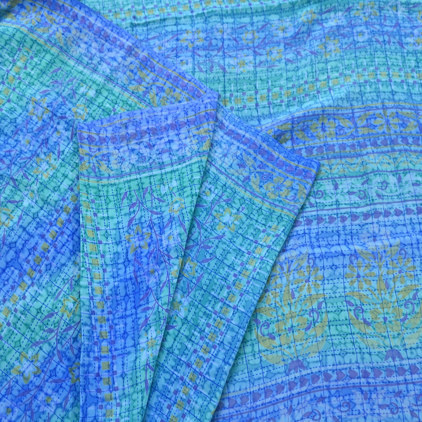 Indian Vintage Sari Green & Blue Pure Crepe Silk Printed Sarees 5yd Sewing Soft Craft Fabric Wrap Dress Making Crafting Quilting Upcycle