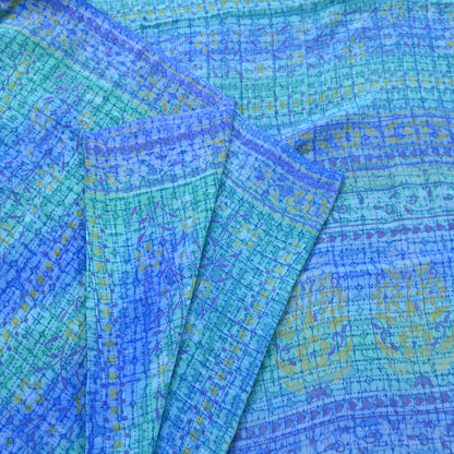Indian Vintage Sari Green & Blue Pure Crepe Silk Printed Sarees 5yd Sewing Soft Craft Fabric Wrap Dress Making Crafting Quilting Upcycle