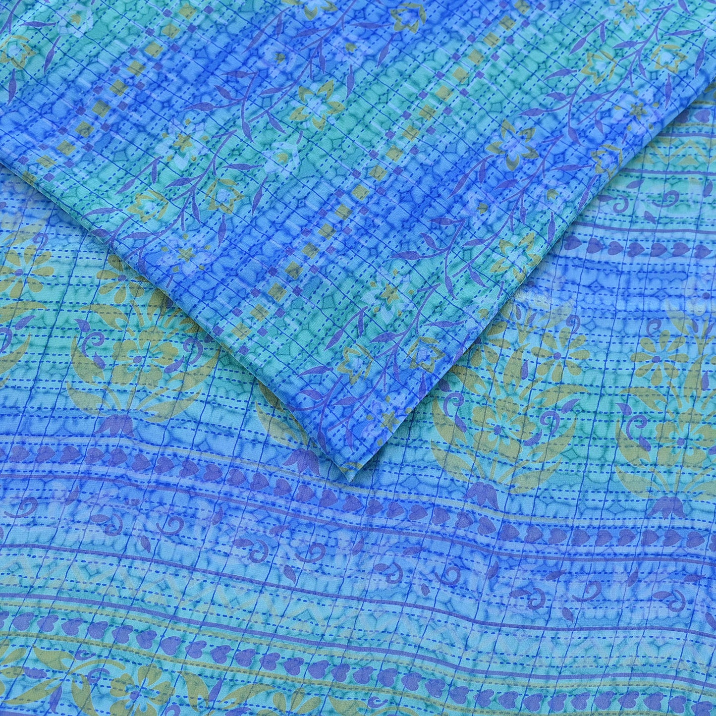 Indian Vintage Sari Green & Blue Pure Crepe Silk Printed Sarees 5yd Sewing Soft Craft Fabric Wrap Dress Making Crafting Quilting Upcycle