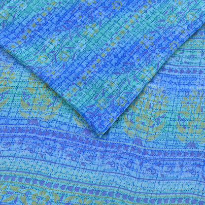 Indian Vintage Sari Green & Blue Pure Crepe Silk Printed Sarees 5yd Sewing Soft Craft Fabric Wrap Dress Making Crafting Quilting Upcycle