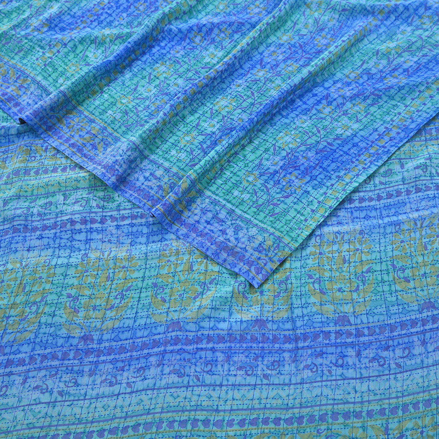 Indian Vintage Sari Green & Blue Pure Crepe Silk Printed Sarees 5yd Sewing Soft Craft Fabric Wrap Dress Making Crafting Quilting Upcycle