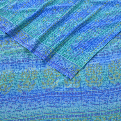 Indian Vintage Sari Green & Blue Pure Crepe Silk Printed Sarees 5yd Sewing Soft Craft Fabric Wrap Dress Making Crafting Quilting Upcycle