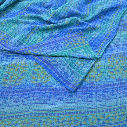 Indian Vintage Sari Green & Blue Pure Crepe Silk Printed Sarees 5yd Sewing Soft Craft Fabric Wrap Dress Making Crafting Quilting Upcycle