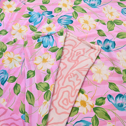 Indian Vintage Sari Pink Pure Crepe Silk Printed Saree 5yard Sewing Quilting Floral Soft Craft Fabric Wrap