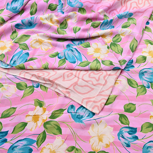 Indian Vintage Sari Pink Pure Crepe Silk Printed Saree 5yard Sewing Quilting Floral Soft Craft Fabric Wrap