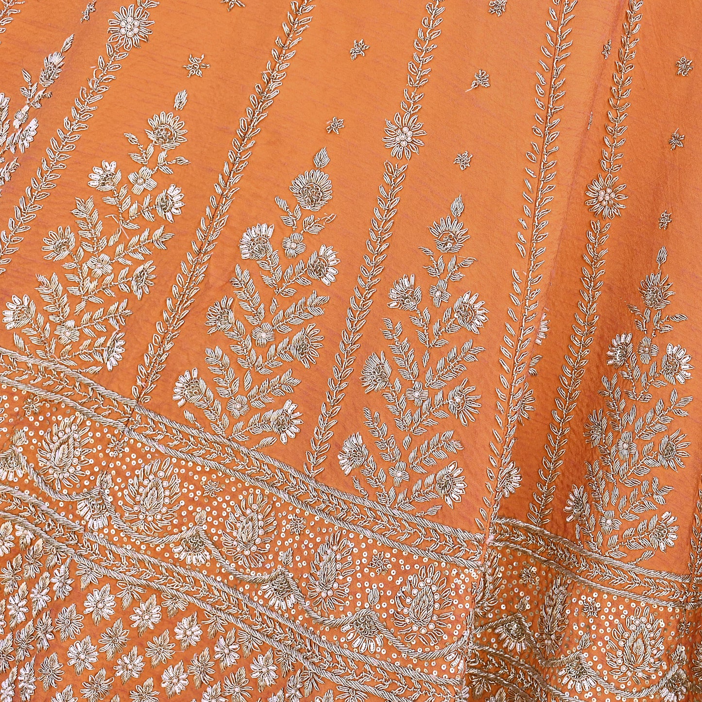 Party wear Heavy Orange Pure Raw Silk Hand Embroidered Lehenga Skirt by Designer Anamika Khanna Bridal Wear Indian Couture Fashion