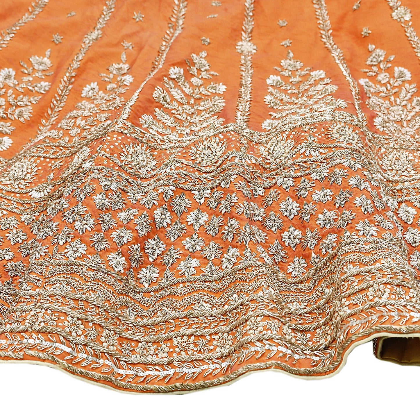 Party wear Heavy Orange Pure Raw Silk Hand Embroidered Lehenga Skirt by Designer Anamika Khanna Bridal Wear Indian Couture Fashion