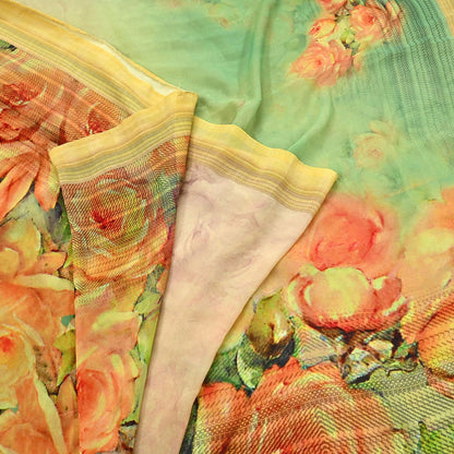 Women Vintage Sari Green & Yellow Pure Georgette Silk Digital Printed Saree Craft Fabric Sewing 6Yd Light Dress Making Geometric Crafting