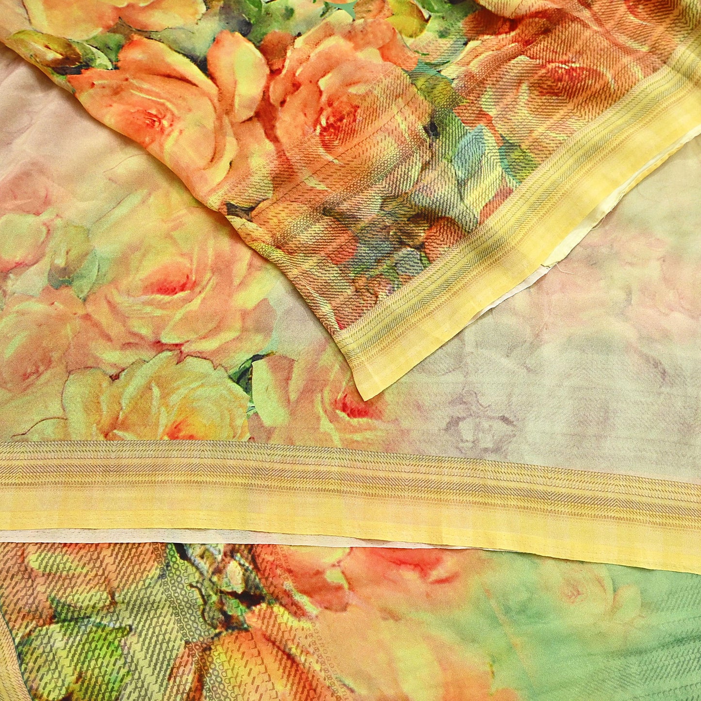 Women Vintage Sari Green & Yellow Pure Georgette Silk Digital Printed Saree Craft Fabric Sewing 6Yd Light Dress Making Geometric Crafting