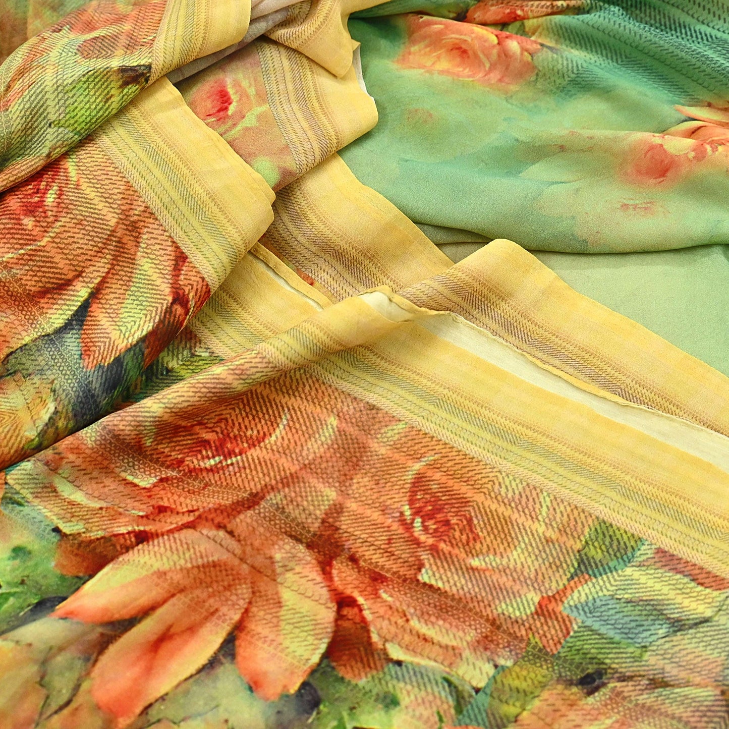 Women Vintage Sari Green & Yellow Pure Georgette Silk Digital Printed Saree Craft Fabric Sewing 6Yd Light Dress Making Geometric Crafting