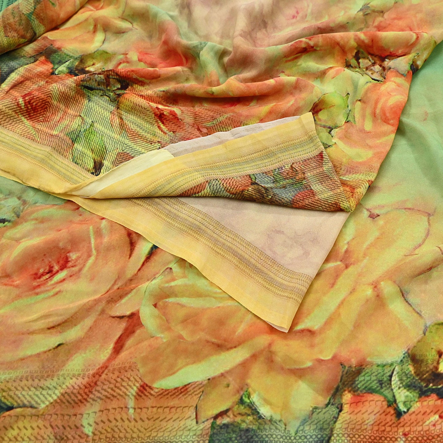 Women Vintage Sari Green & Yellow Pure Georgette Silk Digital Printed Saree Craft Fabric Sewing 6Yd Light Dress Making Geometric Crafting