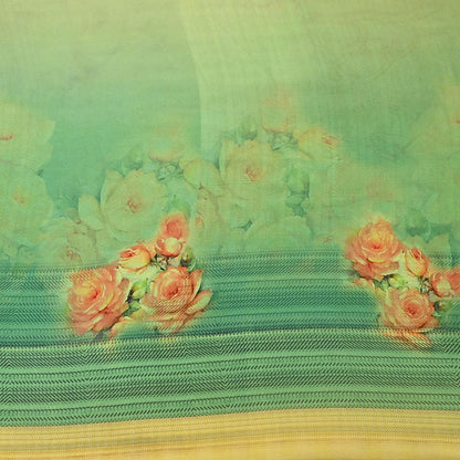 Women Vintage Sari Green & Yellow Pure Georgette Silk Digital Printed Saree Craft Fabric Sewing 6Yd Light Dress Making Geometric Crafting