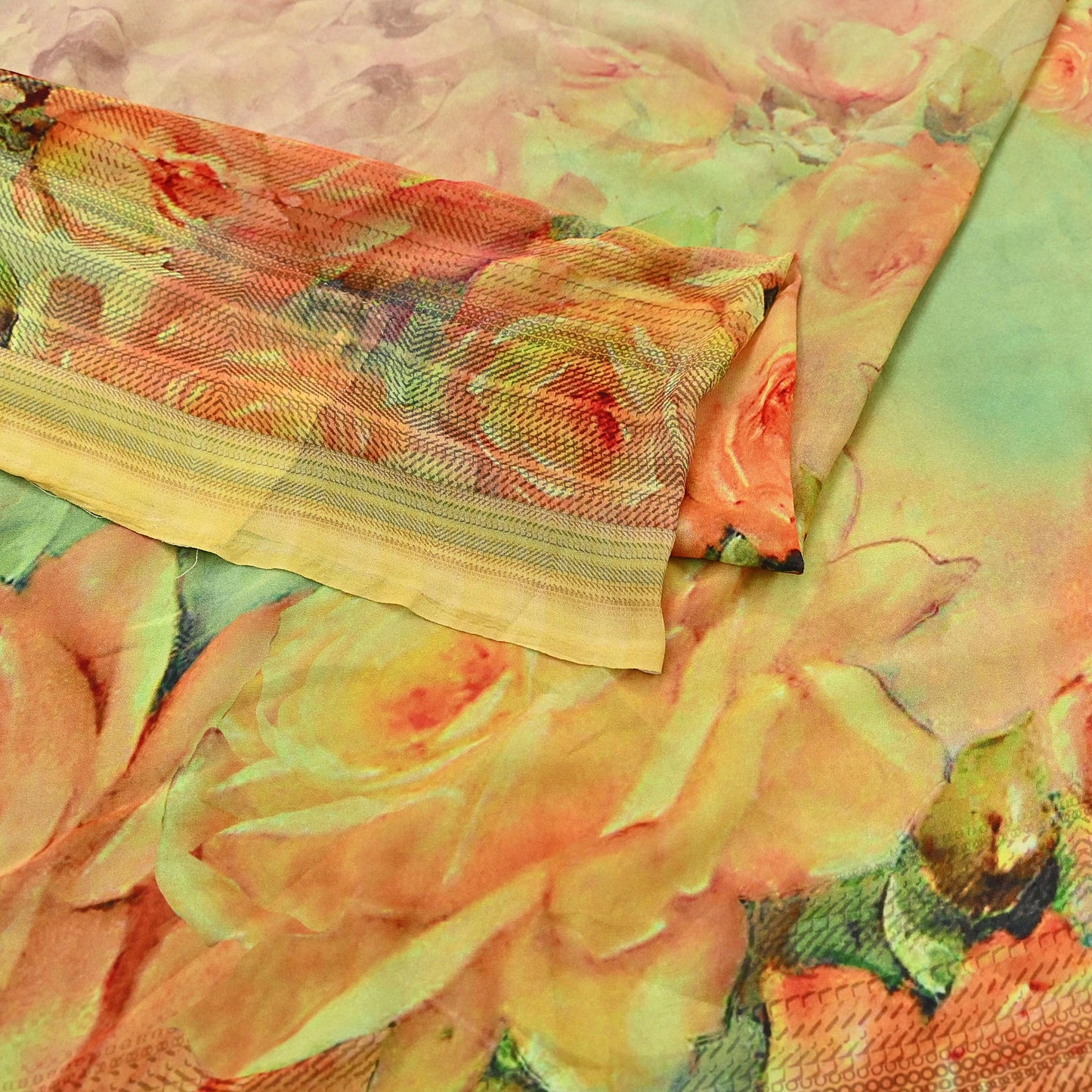 Women Vintage Sari Green & Yellow Pure Georgette Silk Digital Printed Saree Craft Fabric Sewing 6Yd Light Dress Making Geometric Crafting