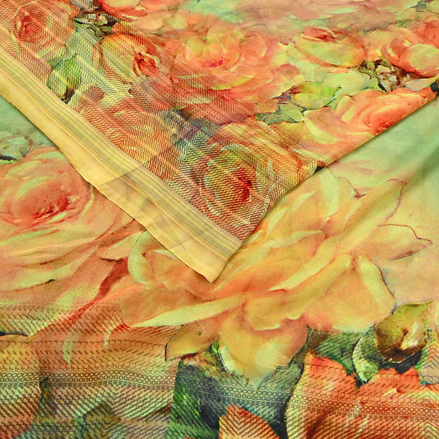 Women Vintage Sari Green & Yellow Pure Georgette Silk Digital Printed Saree Craft Fabric Sewing 6Yd Light Dress Making Geometric Crafting