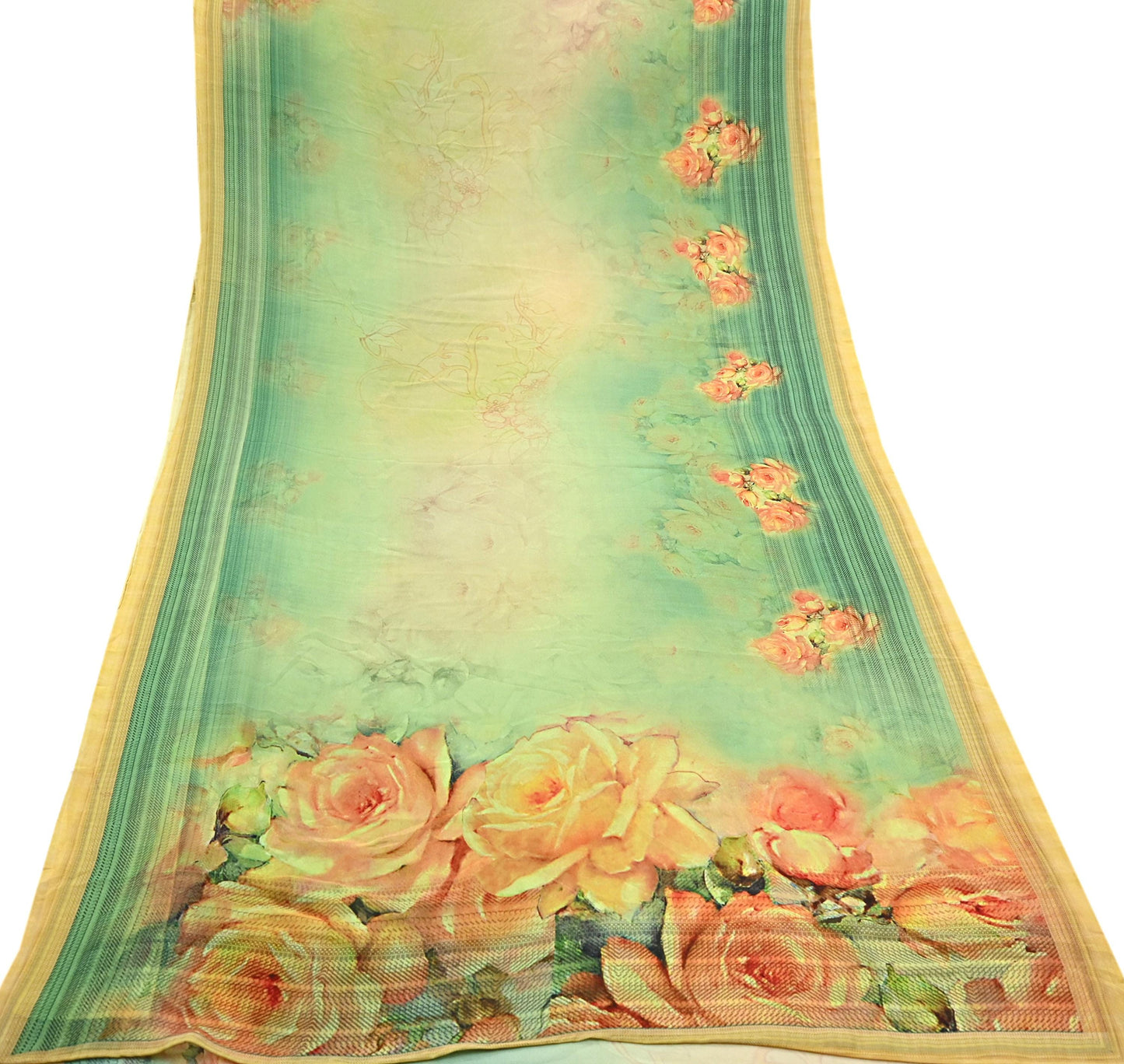 Women Vintage Sari Green & Yellow Pure Georgette Silk Digital Printed Saree Craft Fabric Sewing 6Yd Light Dress Making Geometric Crafting